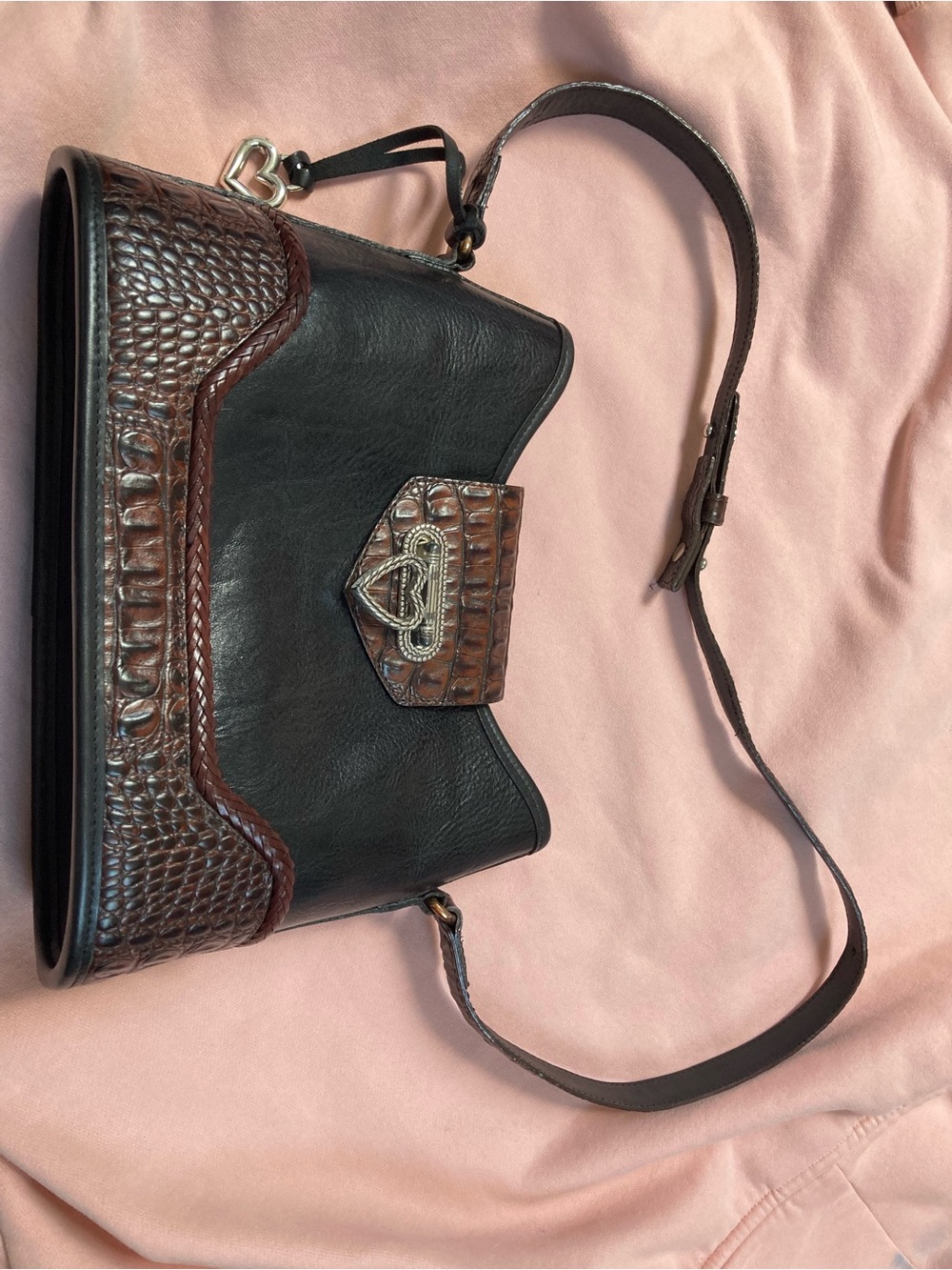 Black and Brown Croc-Accent Leather Shoulder Bag